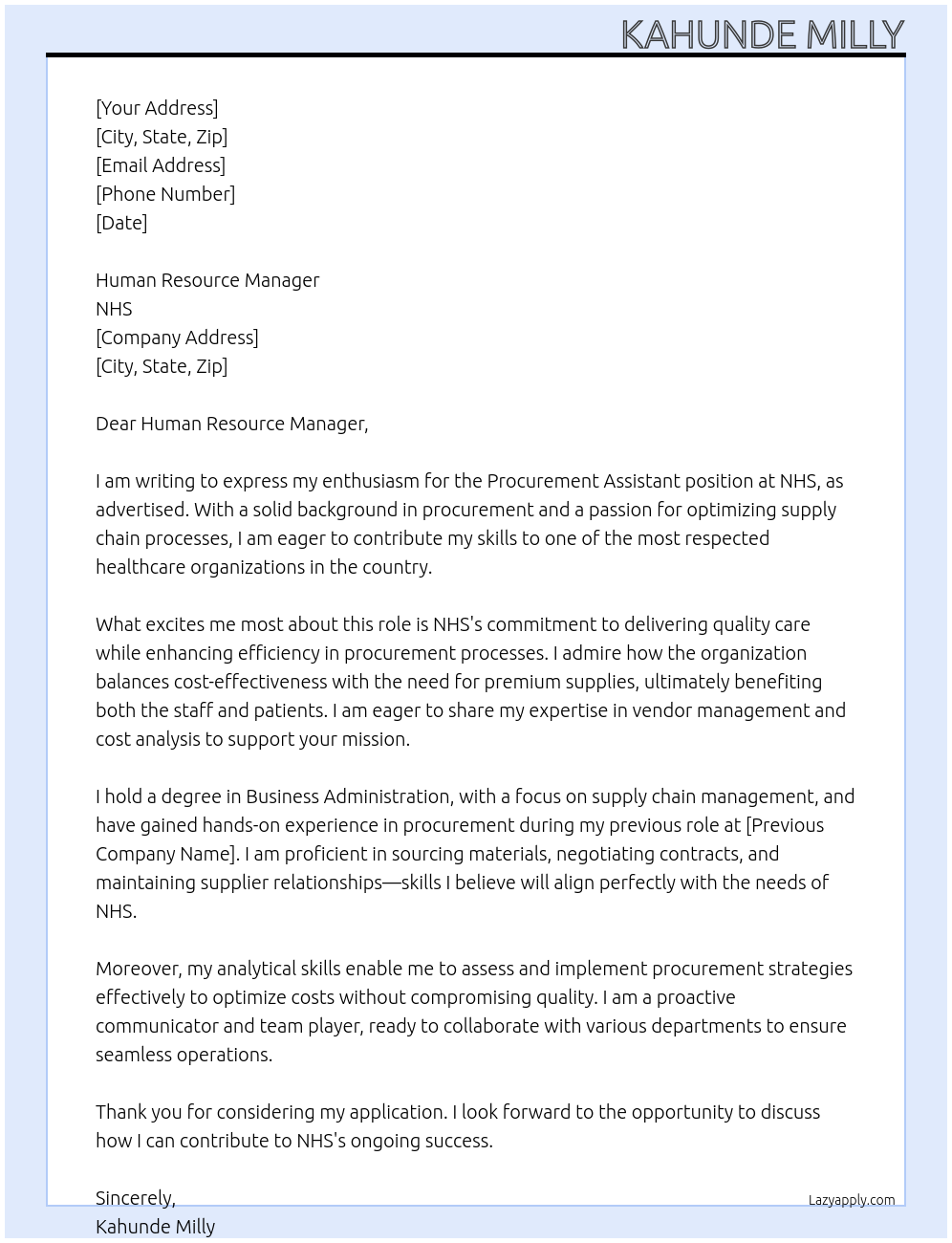 Procurement assistant  At NHS Cover Letter