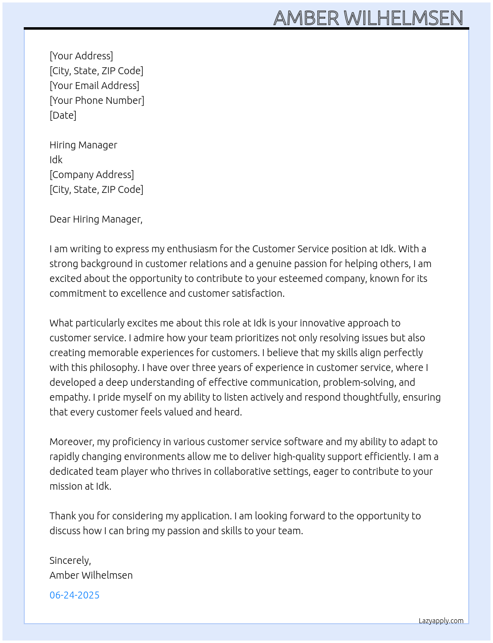 Customer service At Idk Cover Letter