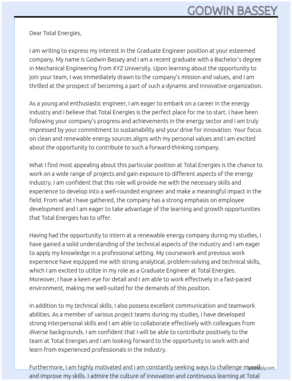 Graduate Engineer At Total Energies Cover Letter