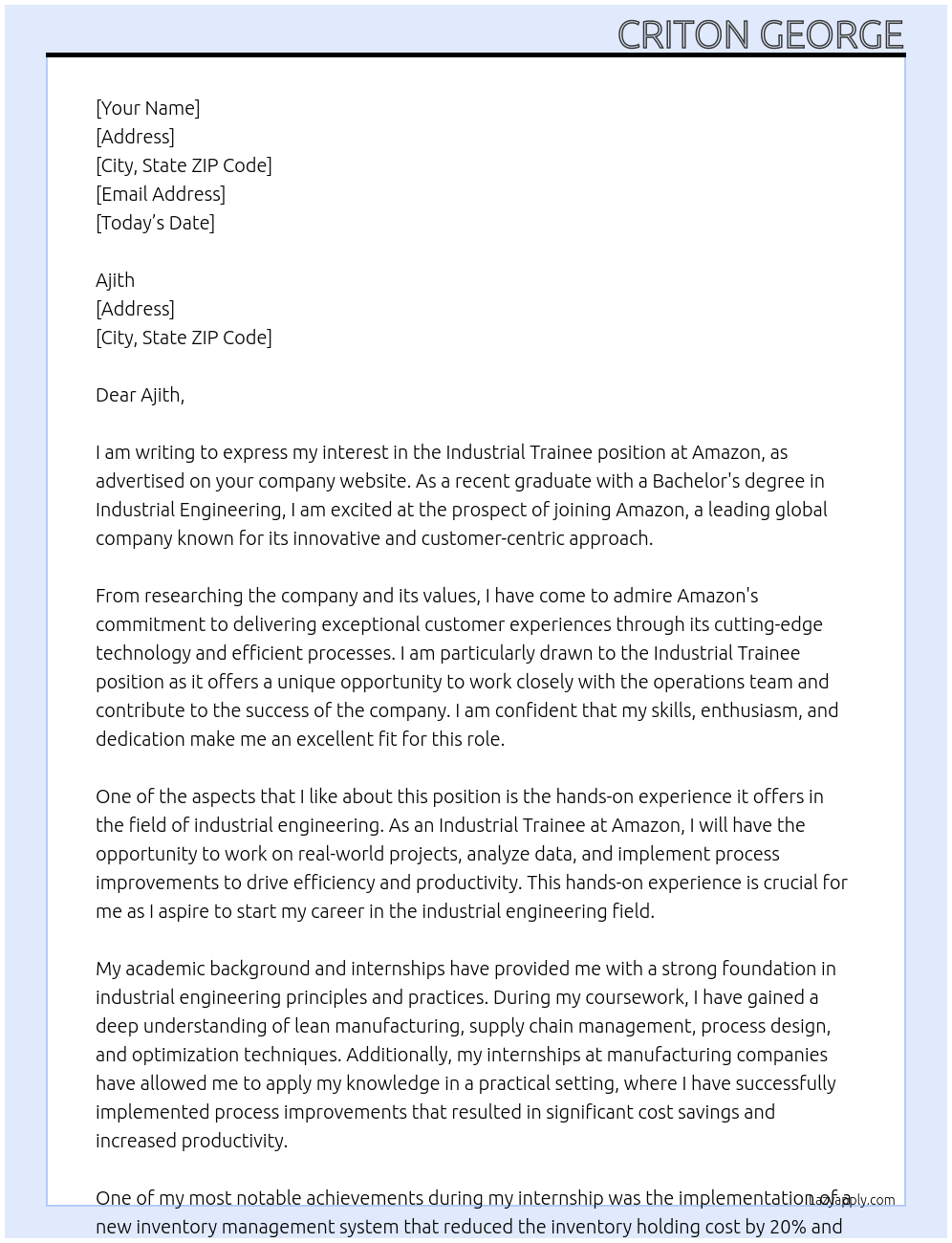 Industrial Trainee At Amazon Cover Letter