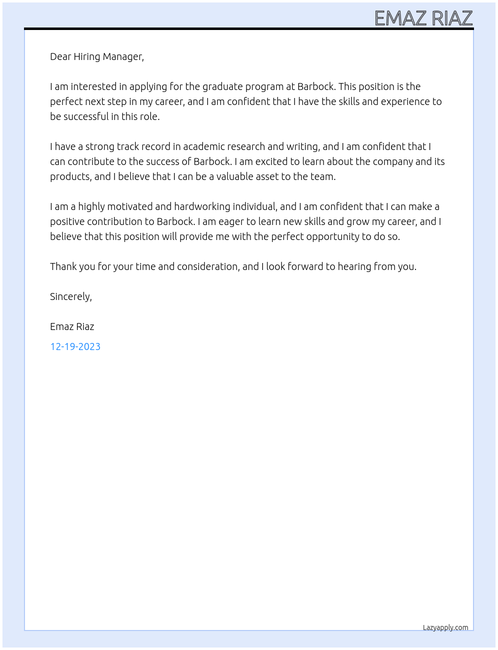 graduate program At Barbock Cover Letter