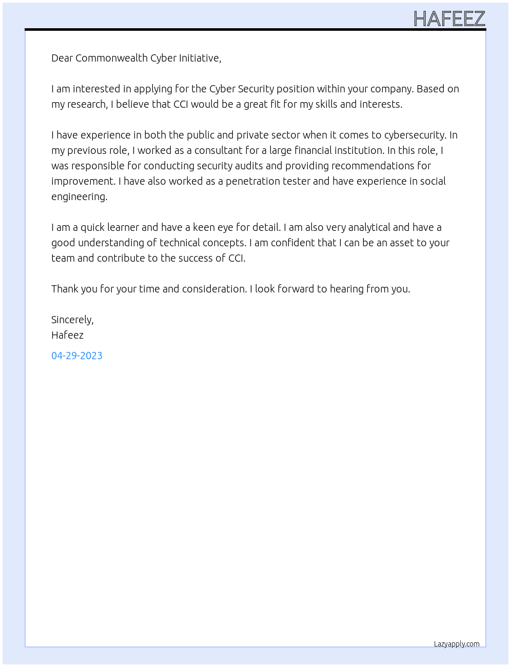 Cyber Security At CCI Project-Based Learning Program Cover Letter