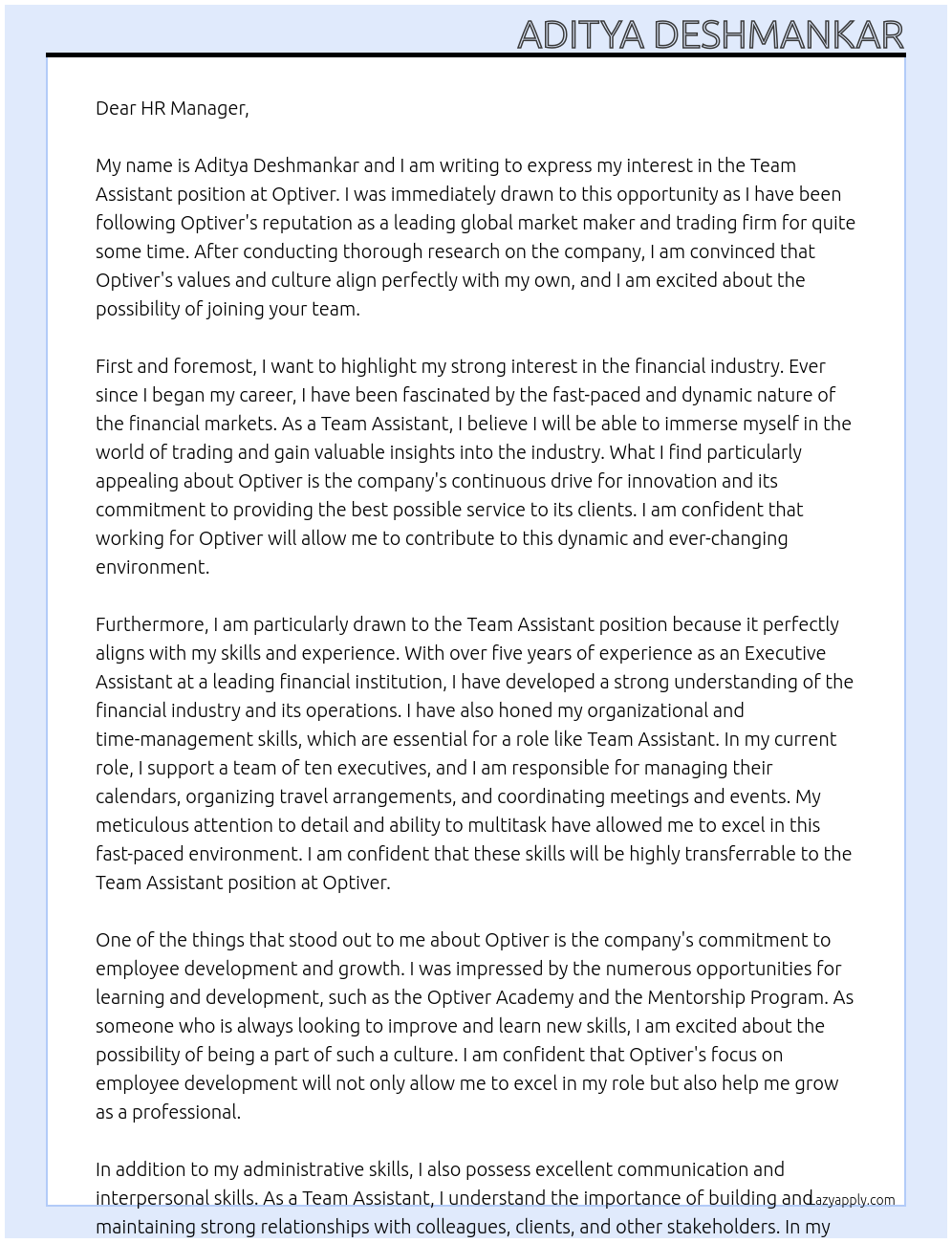 Team Assistant At Optiver Cover Letter