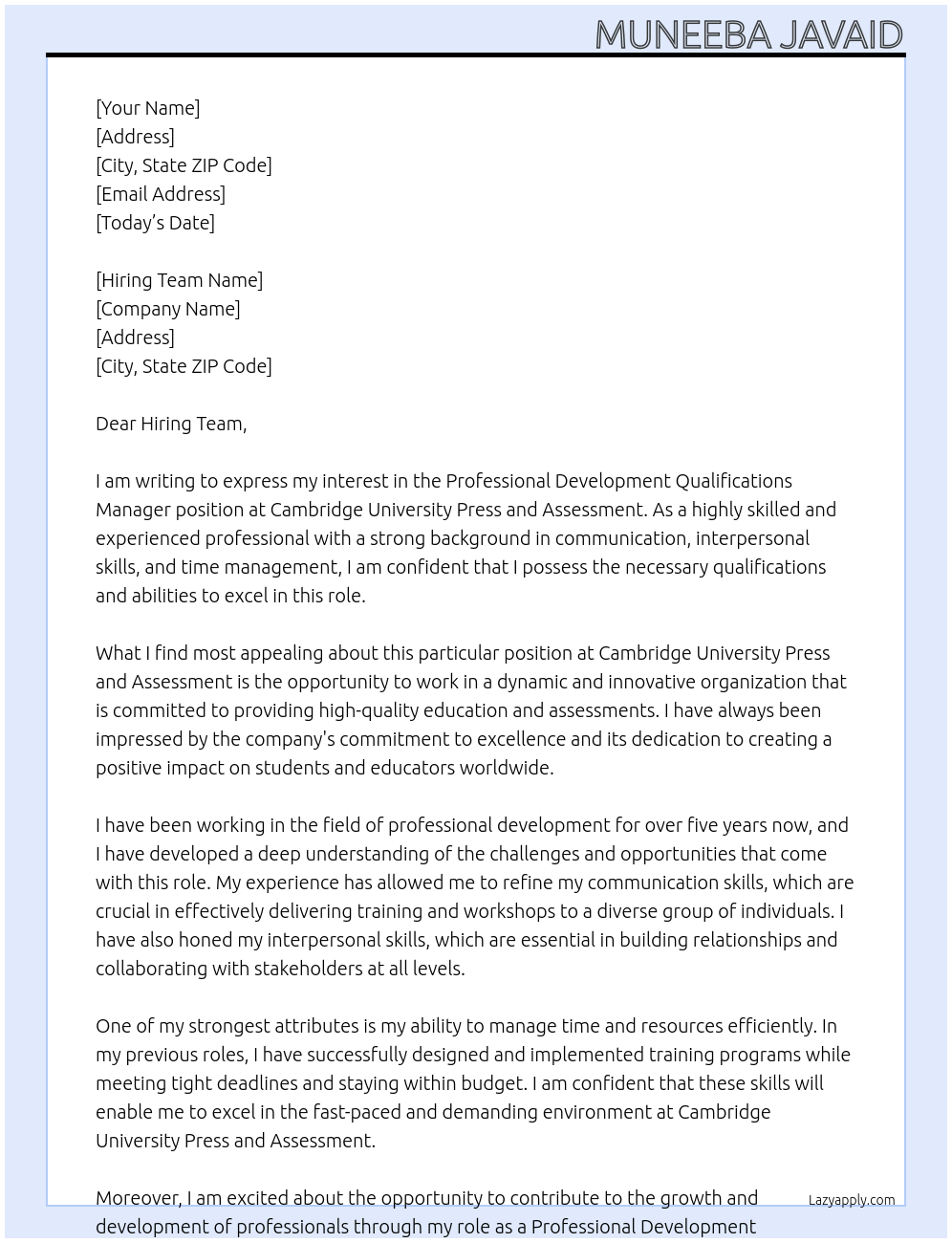 Professional Development Qualifications Manager At Cambridge University press and Assessment Cover Letter
