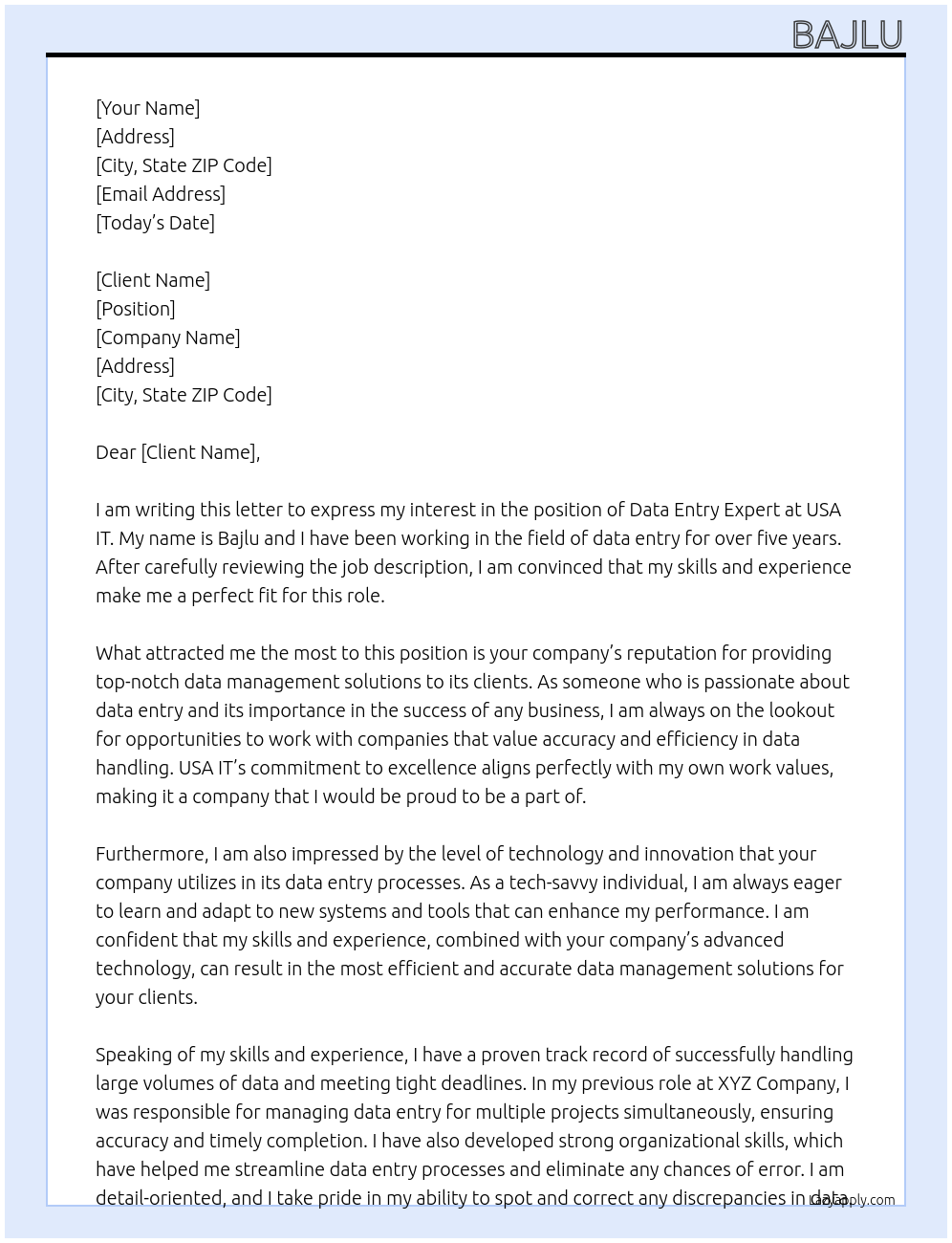 Data entry expert At USA IT Cover Letter