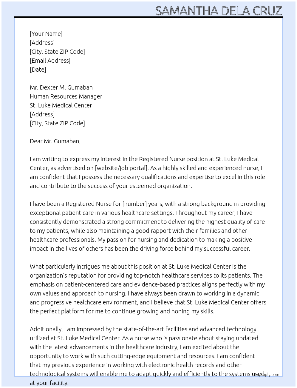 Registered Nurse At St. Luke Medical Center Cover Letter