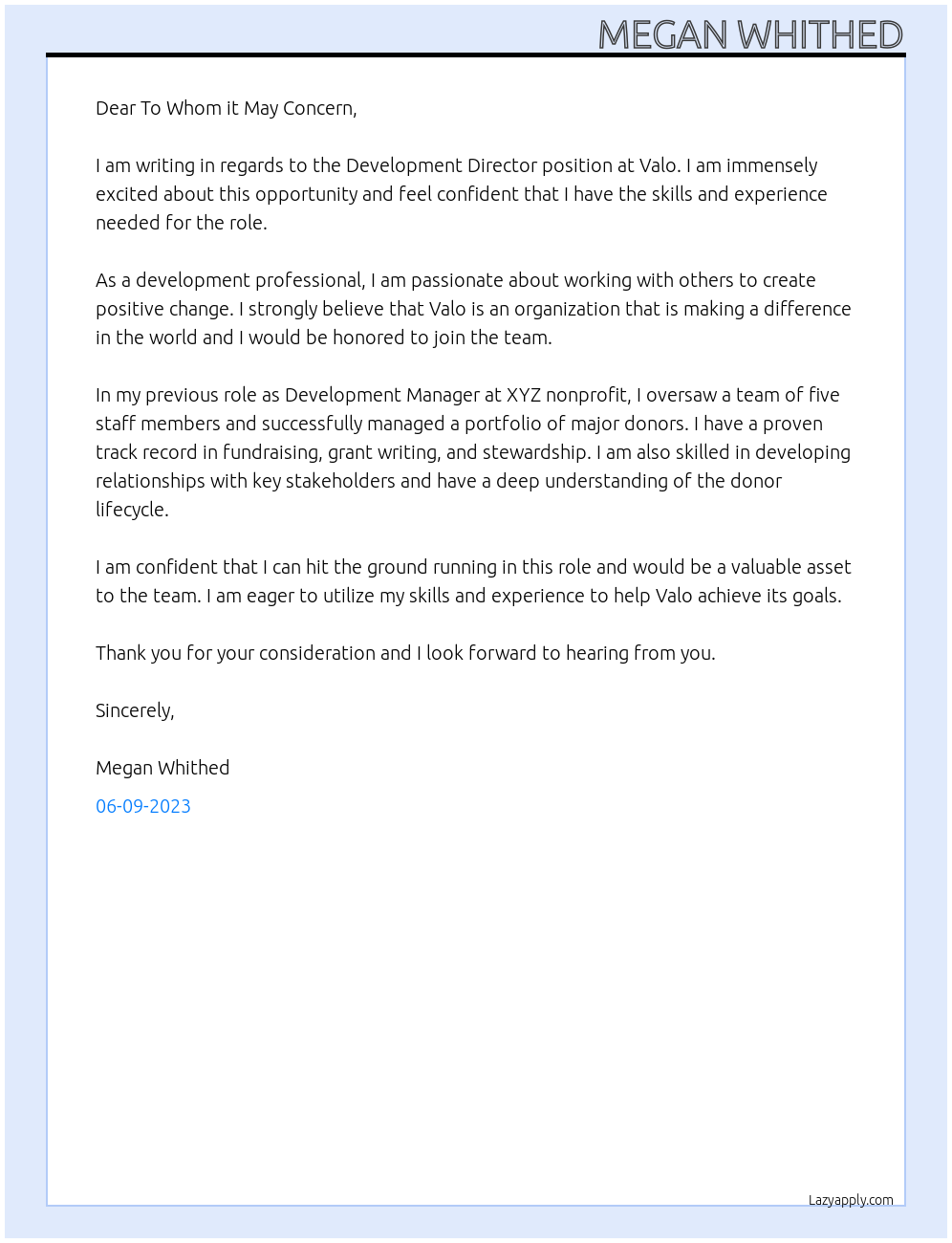 Development Director At Valo Cover Letter