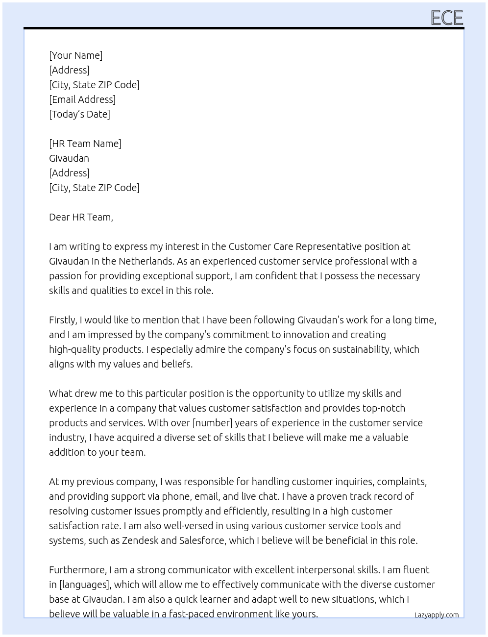 Customer Care Representative At Givaudan Cover Letter