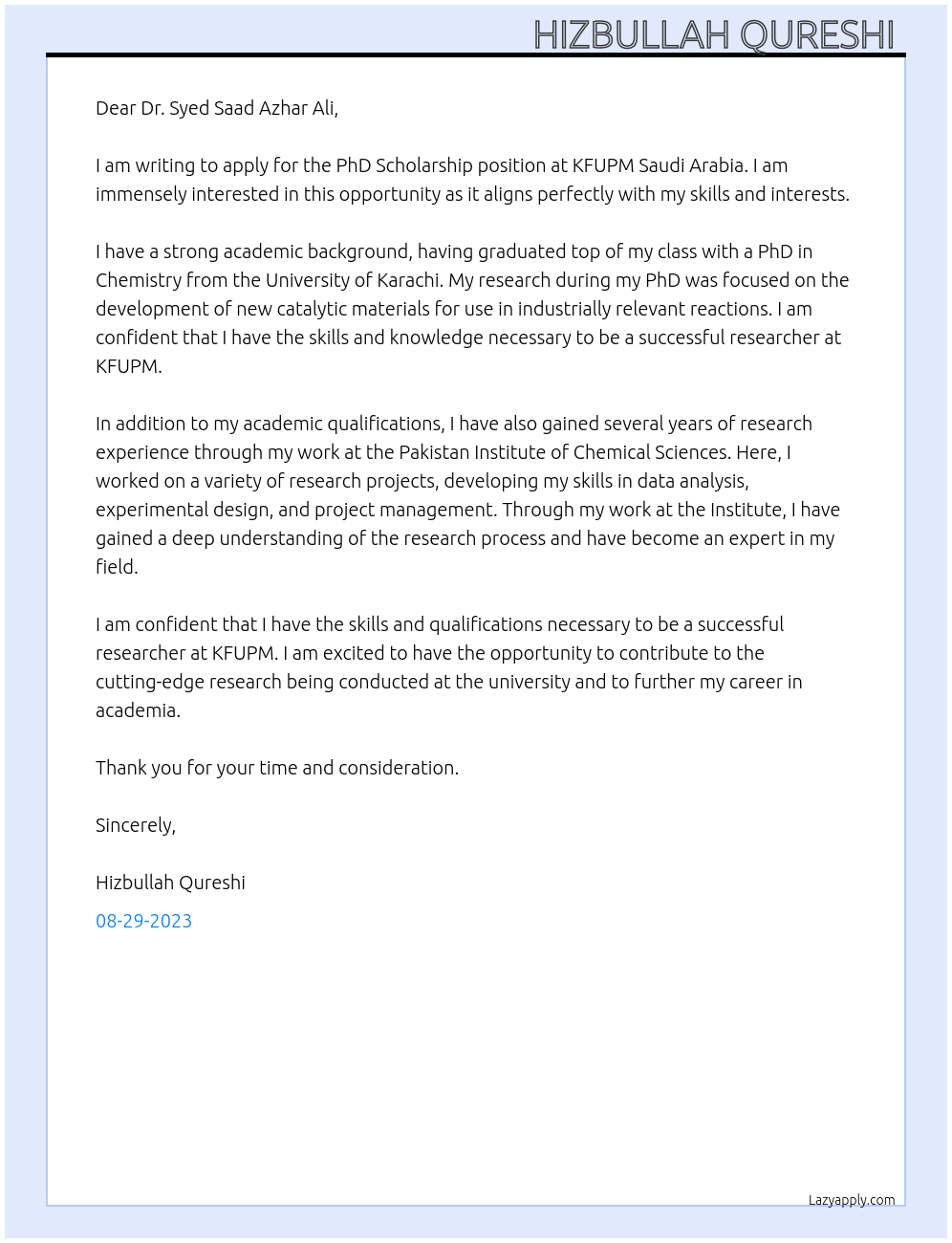 PhD Scholarship At KFUPM Saudi Arabia Cover Letter