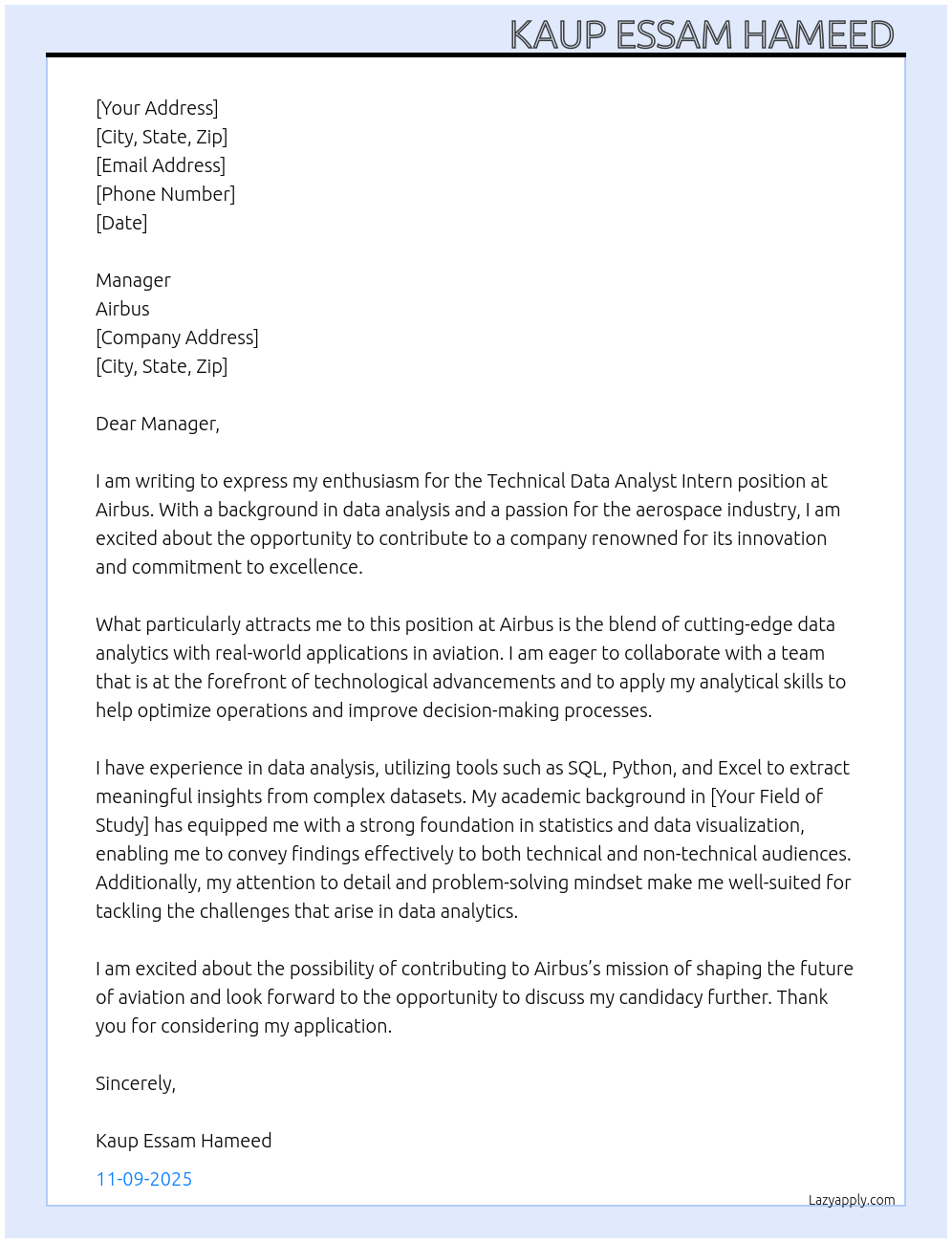 Technical Data Analyst Intern At Airbus Cover Letter