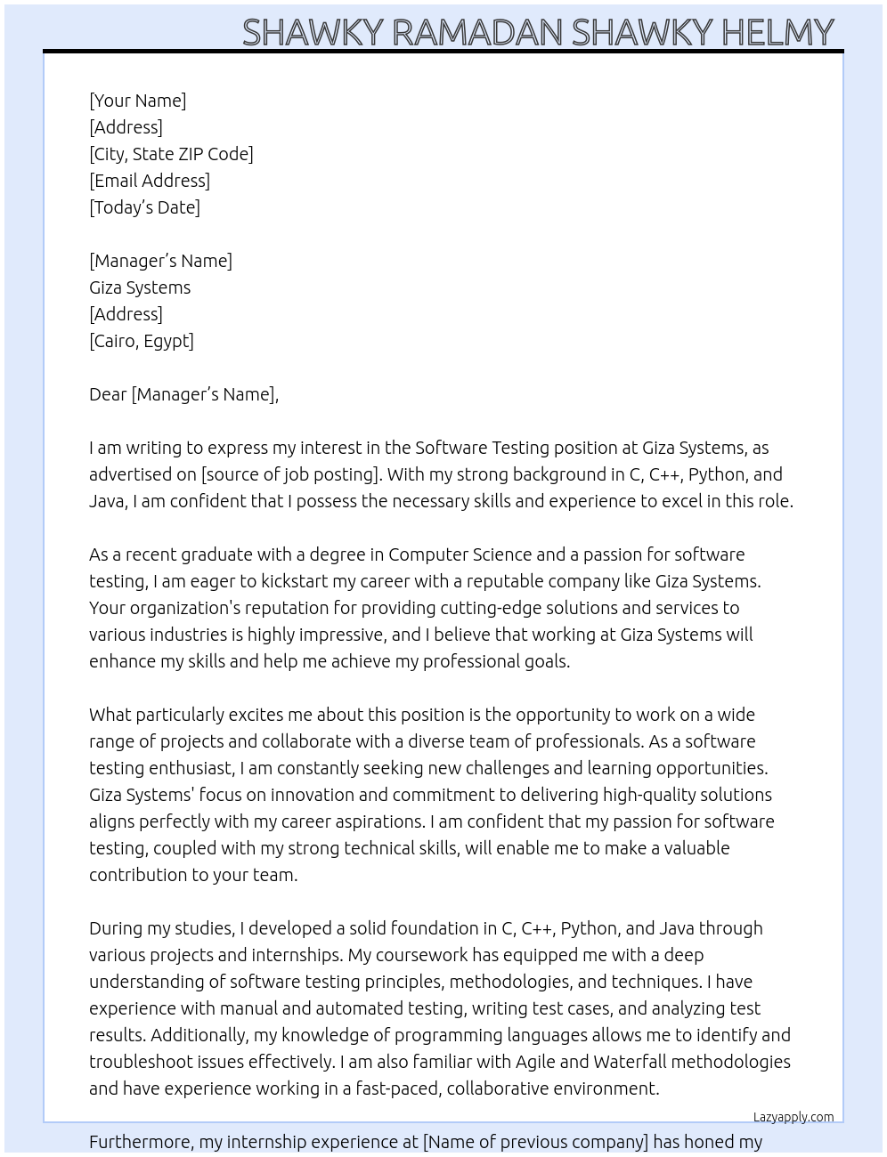 Software testing  At Giza Systems  Cover Letter