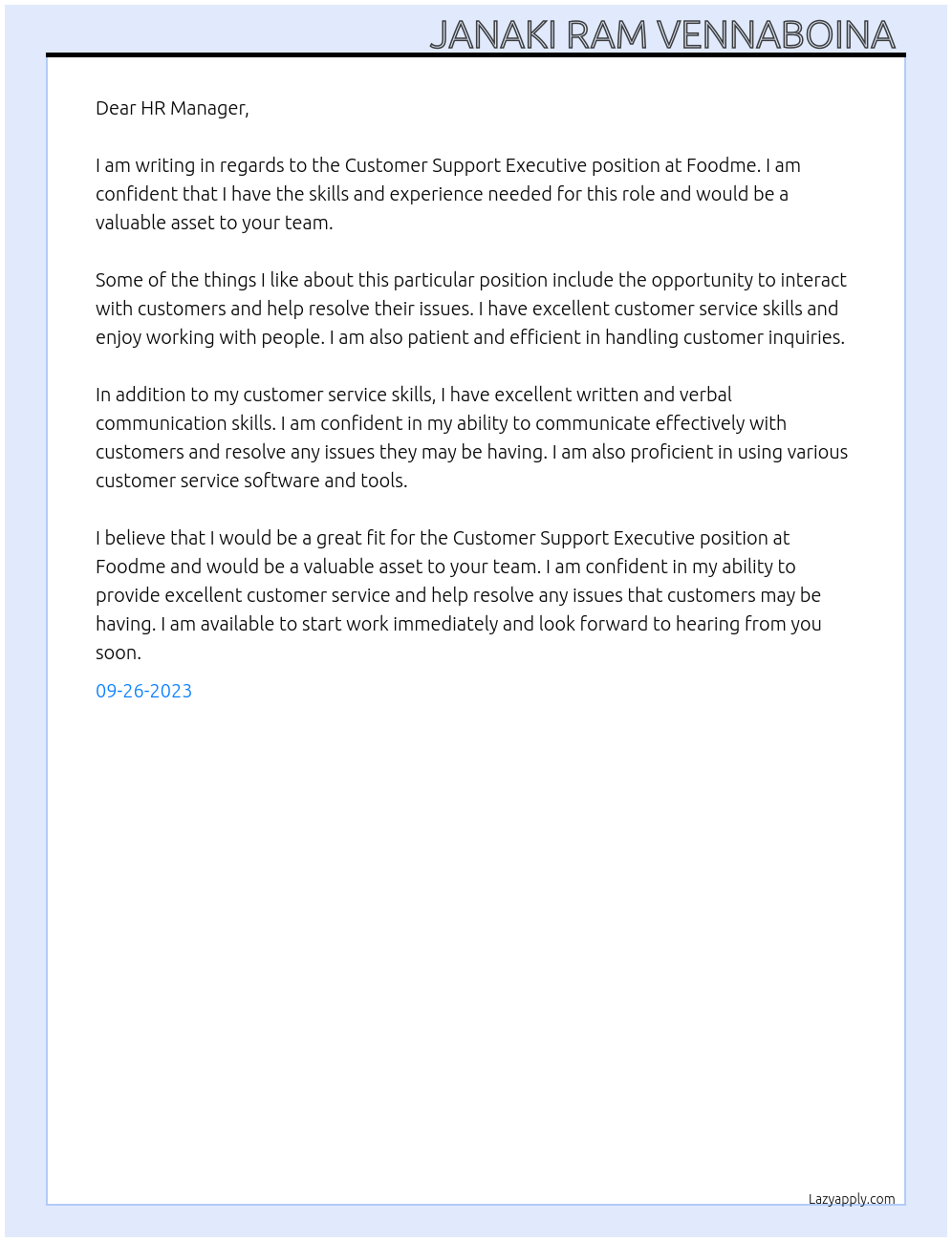 Customer support executive At Foodme Cover Letter