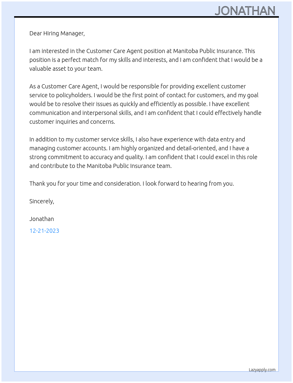 Customer Care Agent At Manitoba Public Insurance Cover Letter