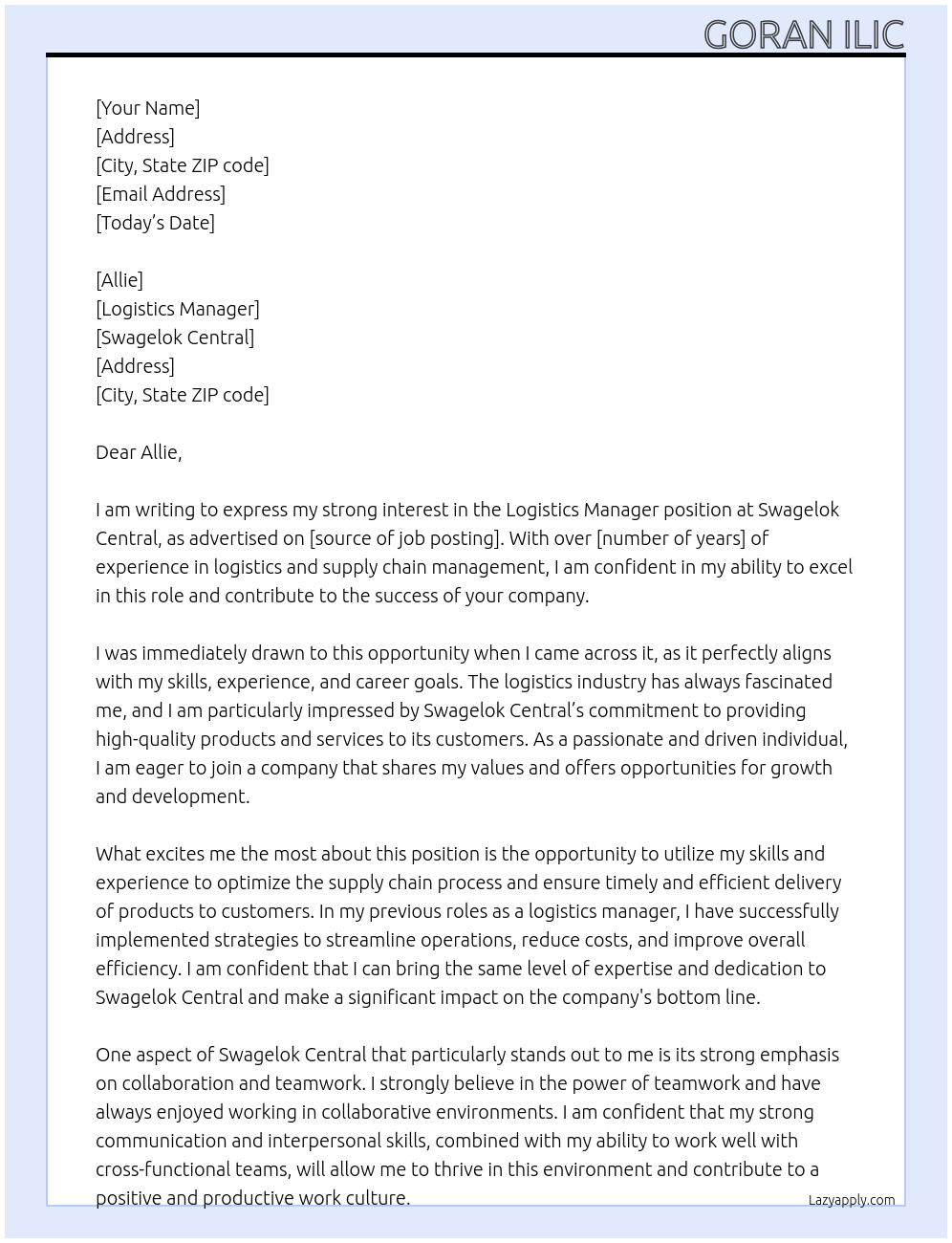 Logistics Manager At Swagelok Central Cover Letter