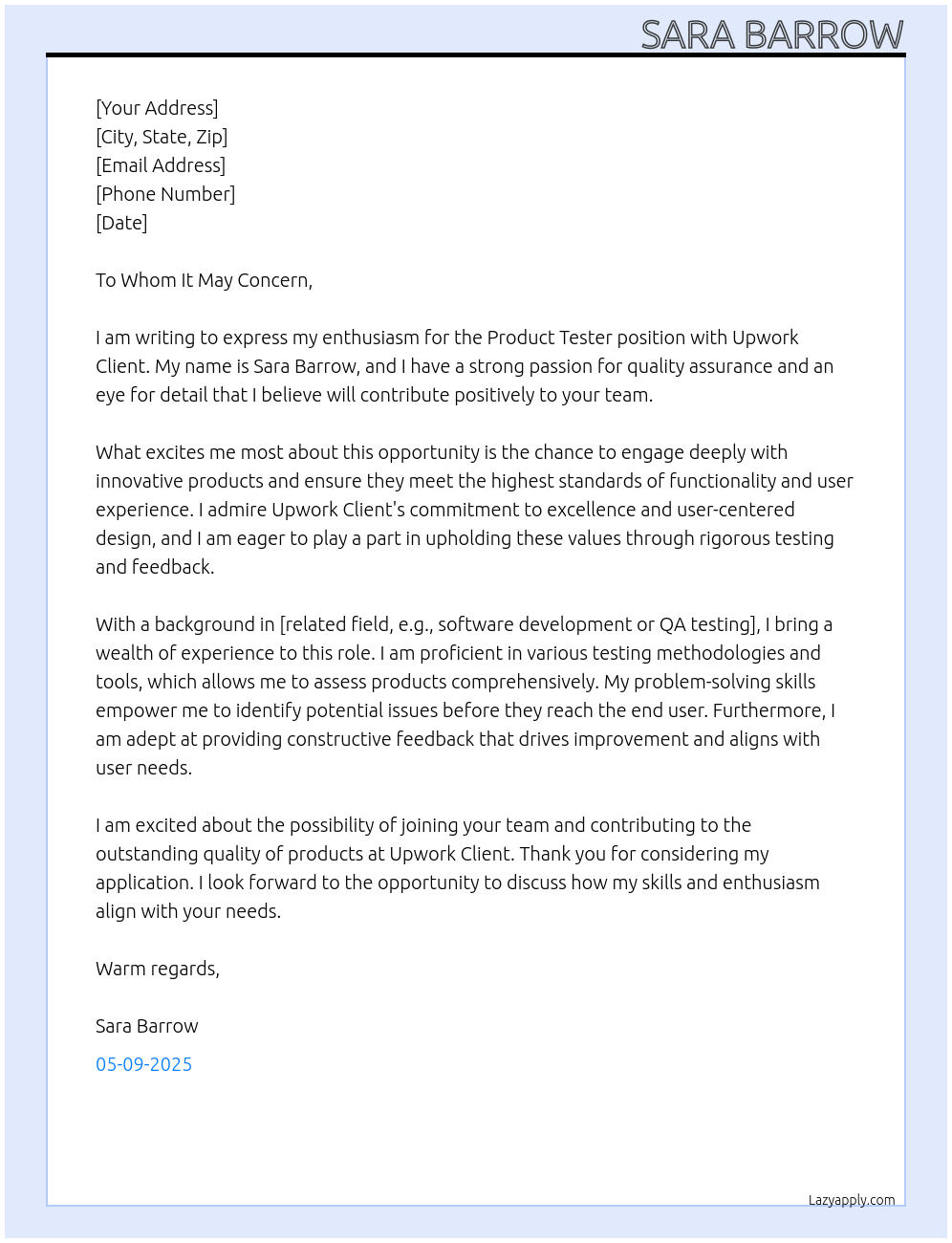 Cover letter for product tester - LazyApply
