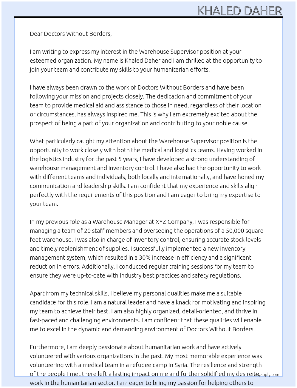 Warehouse supervisor At Doctors Without Borders Cover Letter