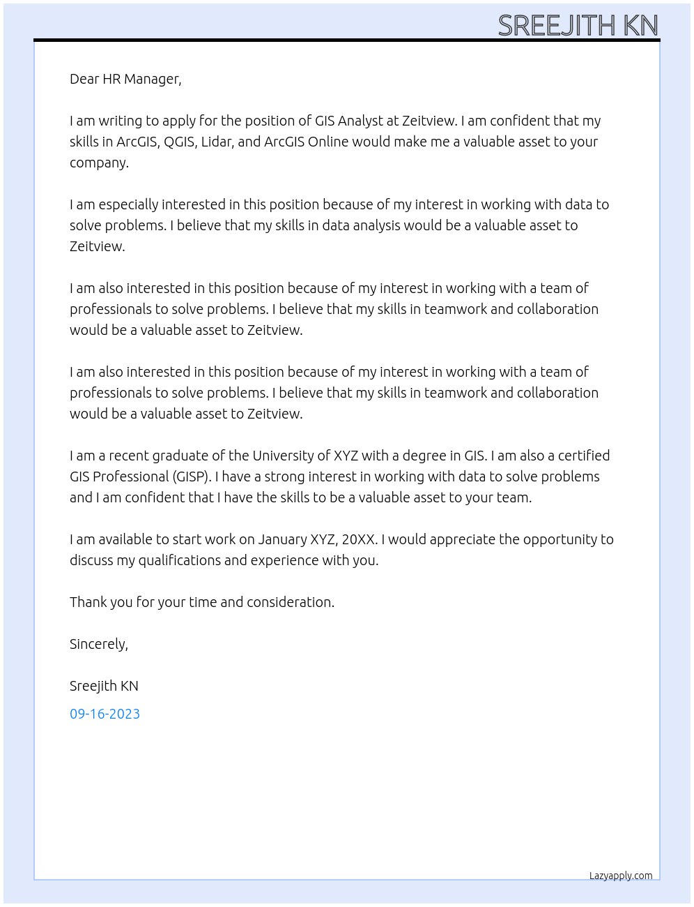 GIS Analyst At Zeitview Cover Letter