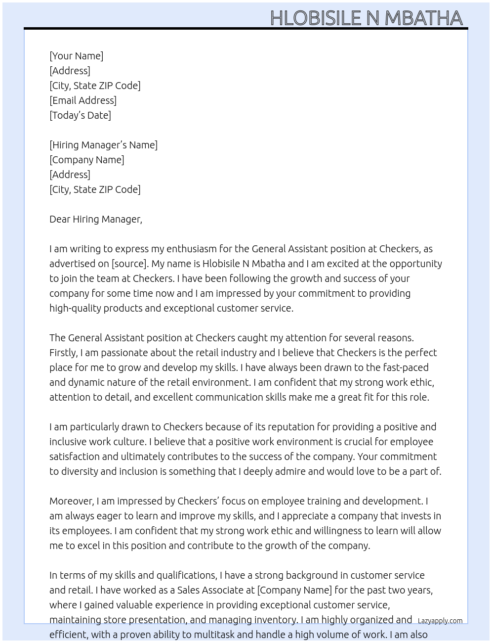 General assistant At Checkers  Cover Letter