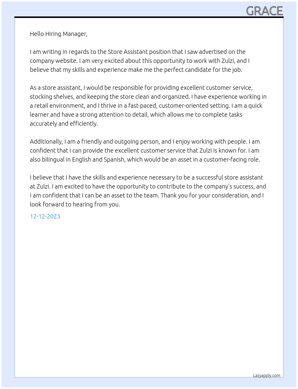 Store Assistant  At Zulzi Cover Letter