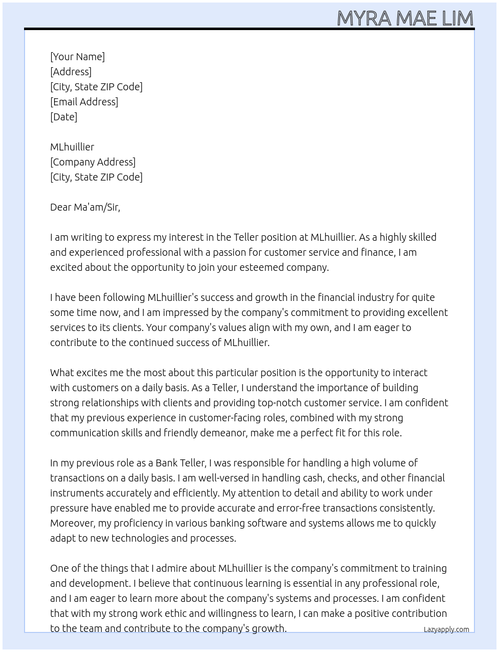 Teller At Ma'am/Sir Cover Letter