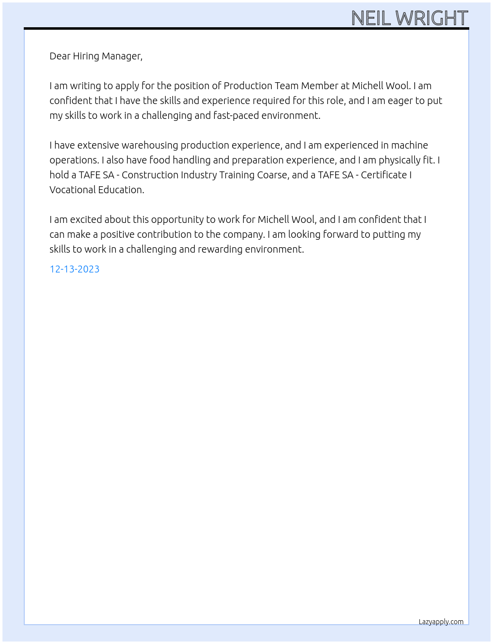 Production team member At Michell Wool Cover Letter