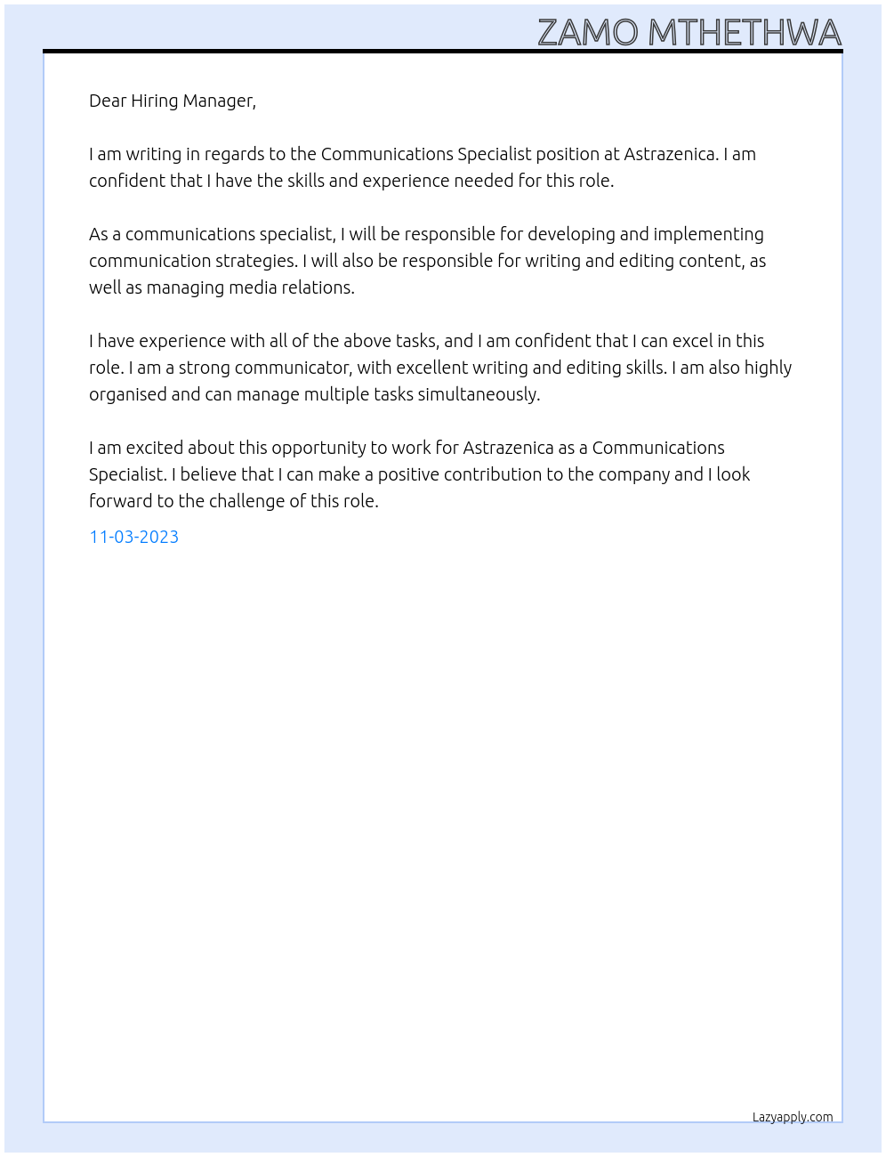 Communications Specialist At Astrazenica Cover Letter