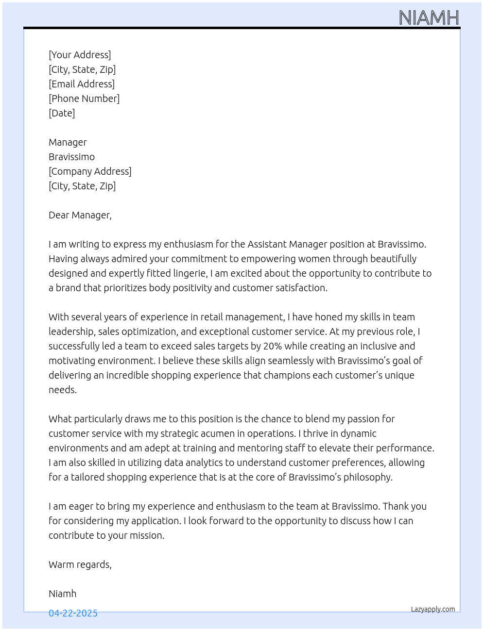 Assistant manager At Bravissimo Cover Letter