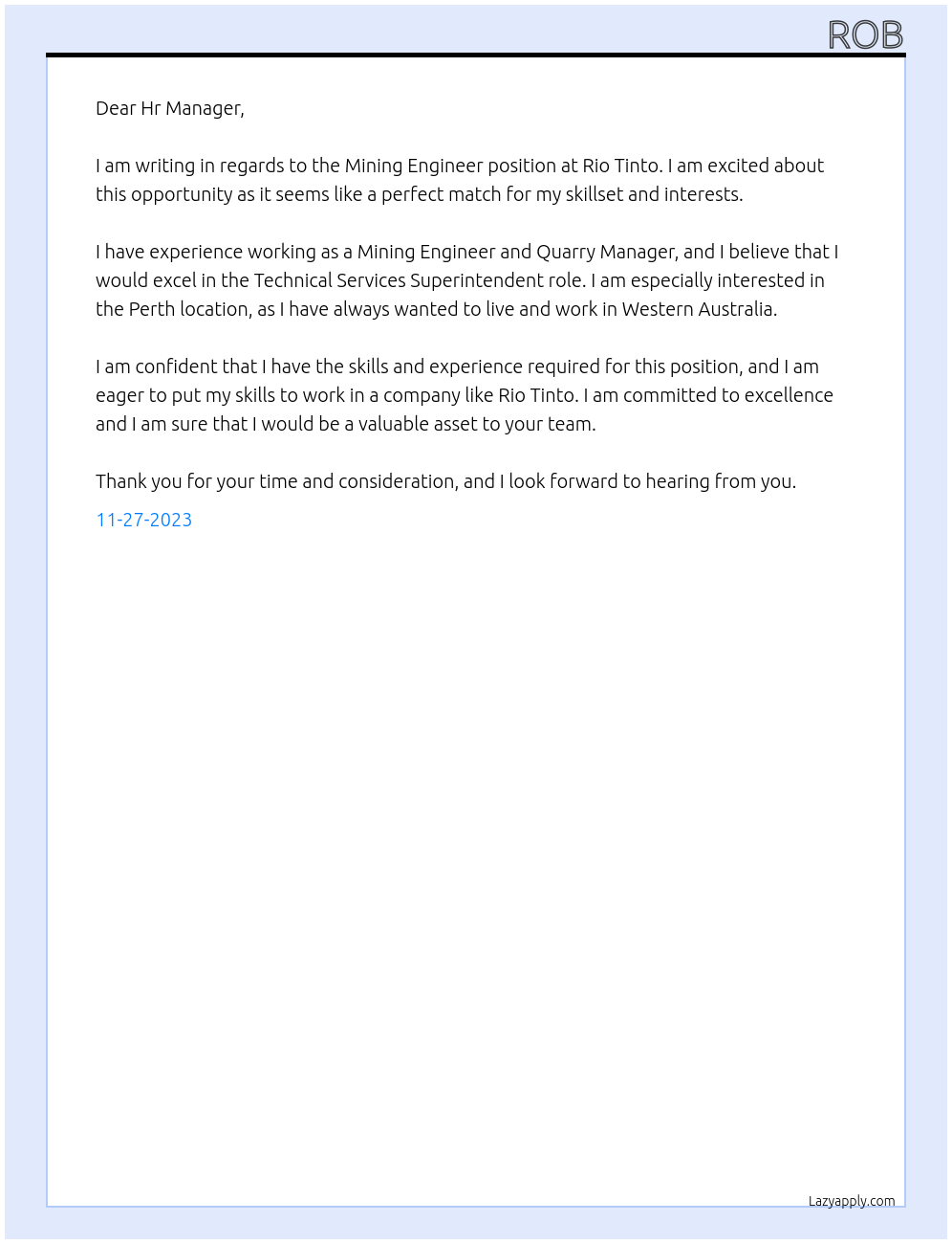 Mining Engineer At Rio Tinto Cover Letter