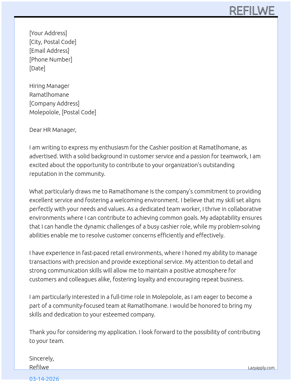 Cover letter for cashier - LazyApply