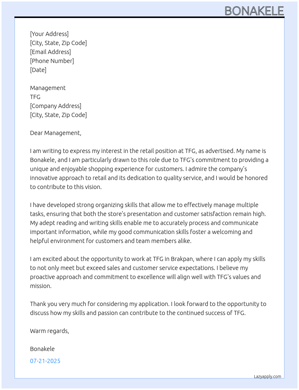 Retail At TFG Cover Letter