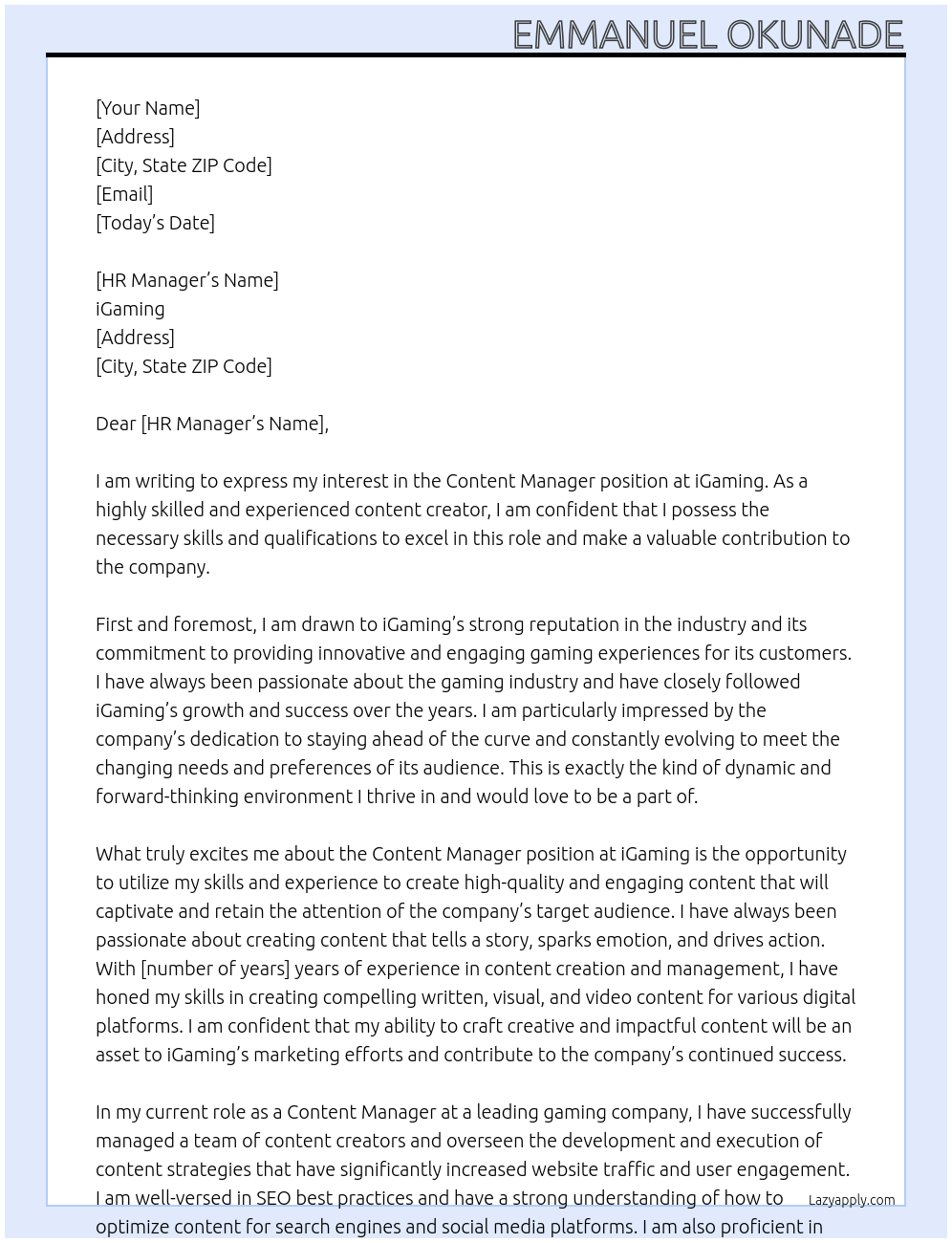 Content Manager At iGaming Cover Letter