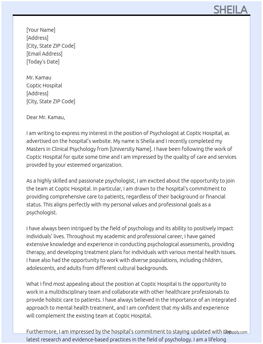 PSYCHOLOGIST At COPTIC HOSPITAL Cover Letter