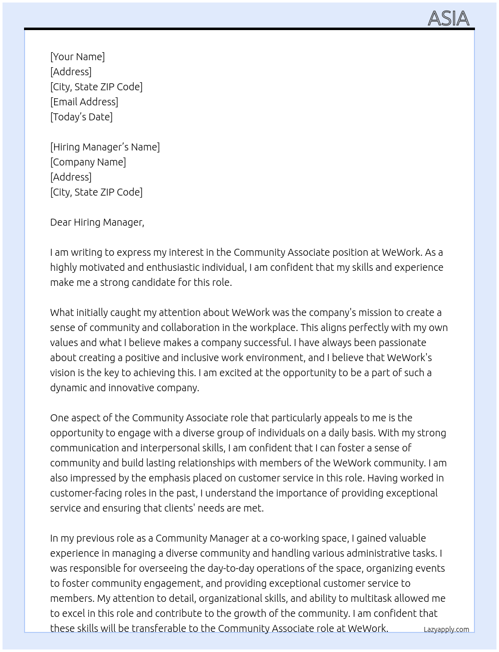 Community Associate At WeWork Cover Letter