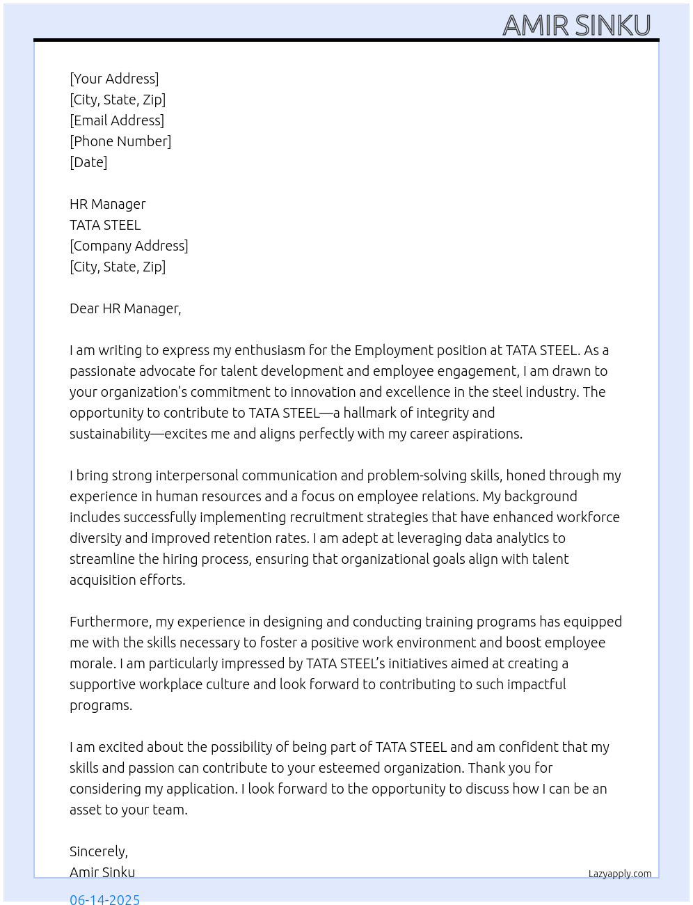 Cover letter for employment - LazyApply