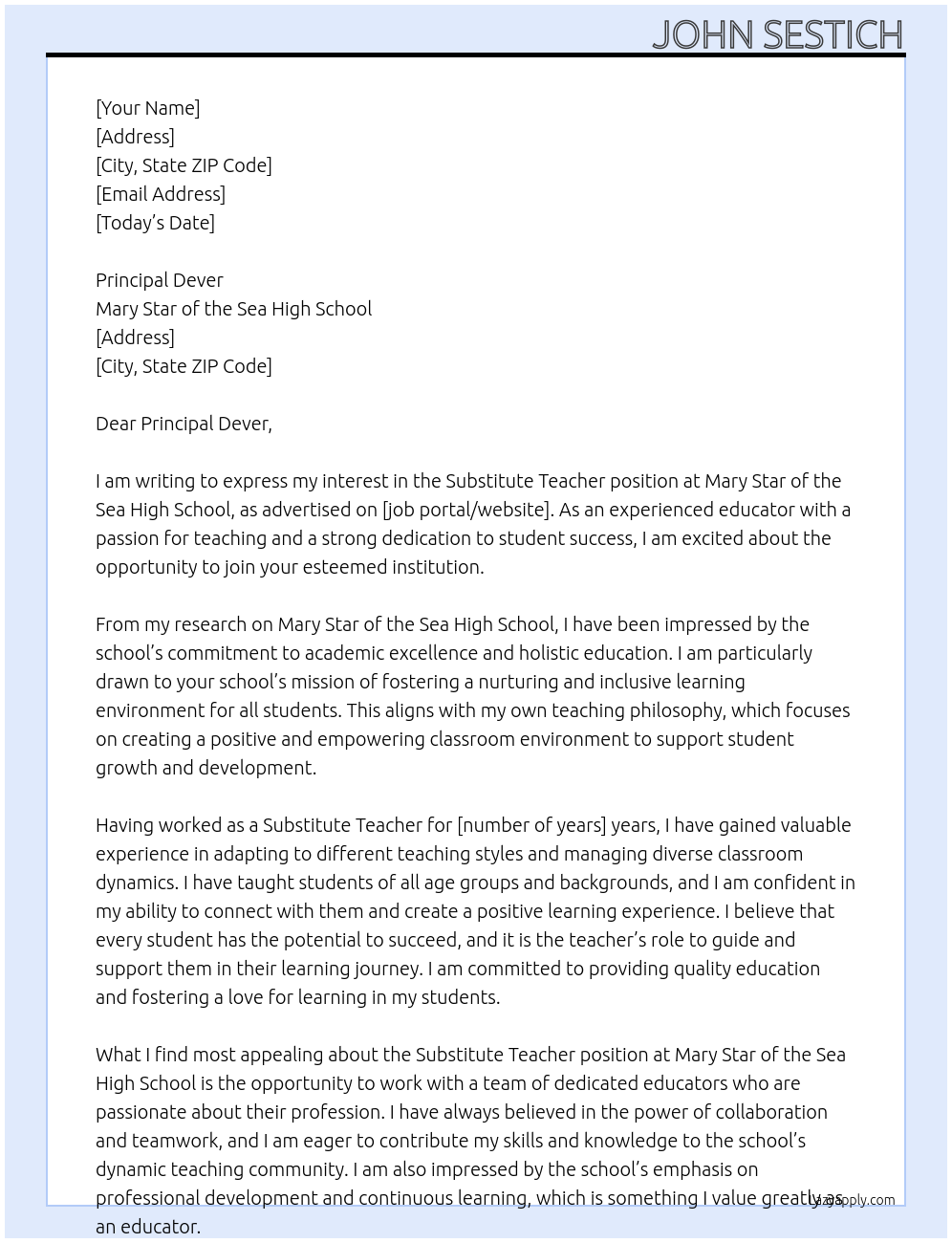 Substitute Teacher At Mary Star of the Sea High School Cover Letter