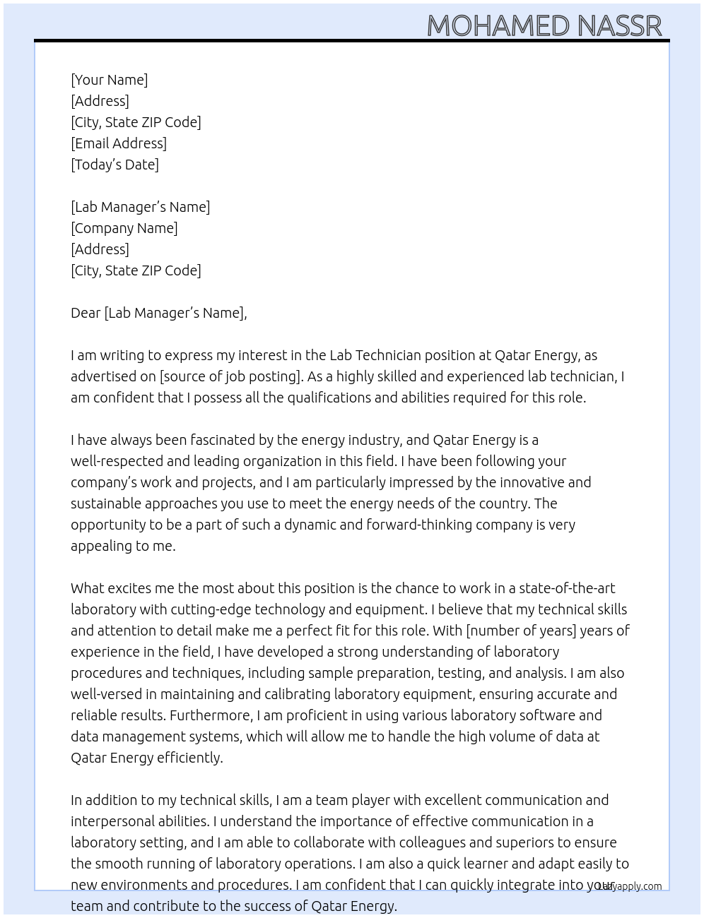 lab technician At Qatar energy Cover Letter