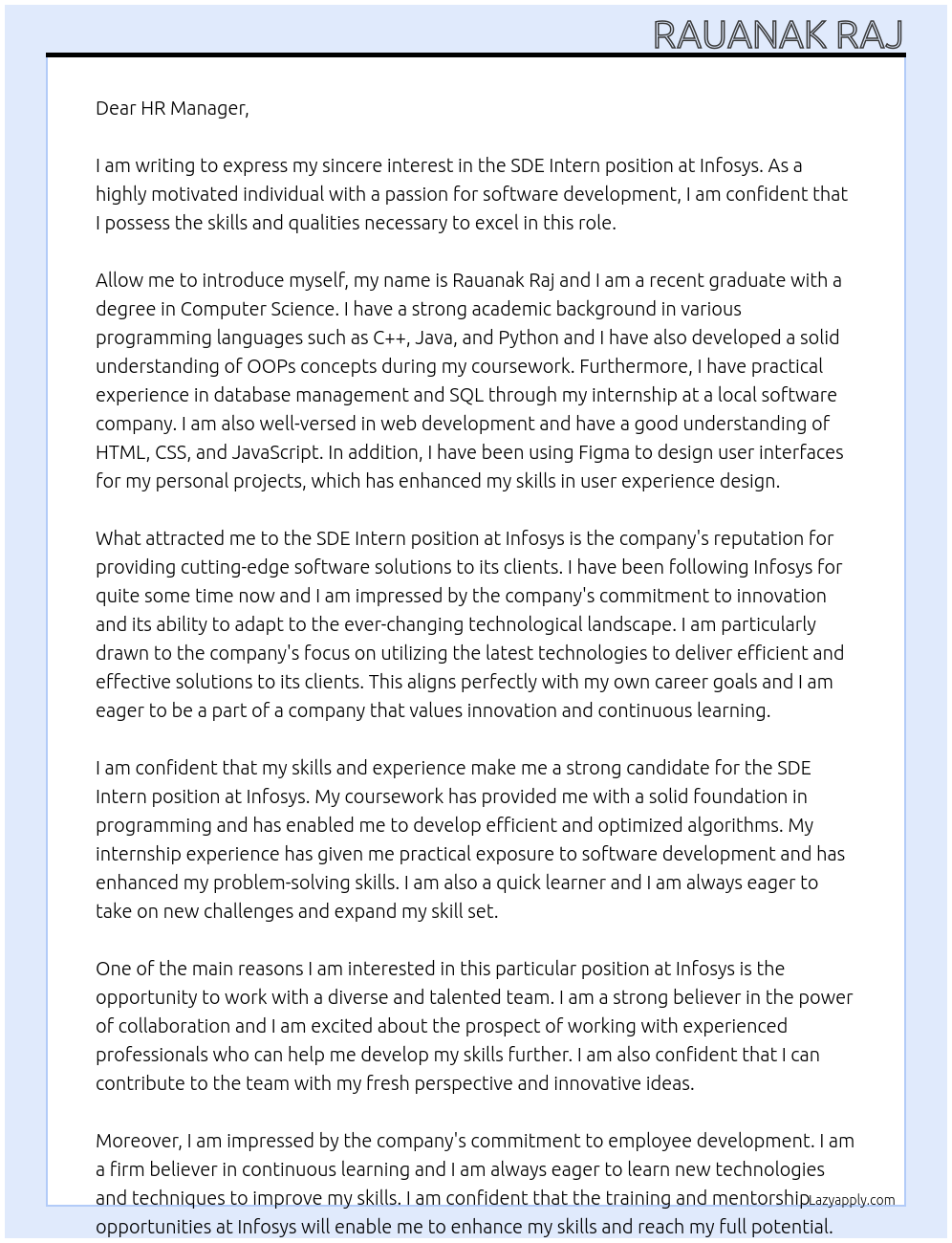 SDE Intern At Infosys Cover Letter