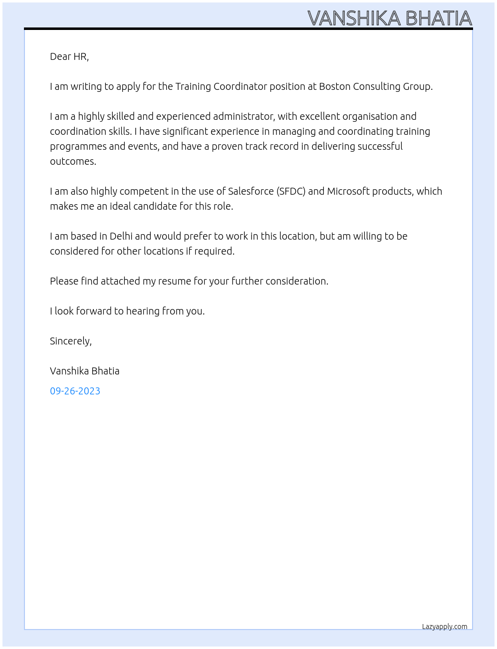 Training Coordinator  At Boston consultancy group  Cover Letter