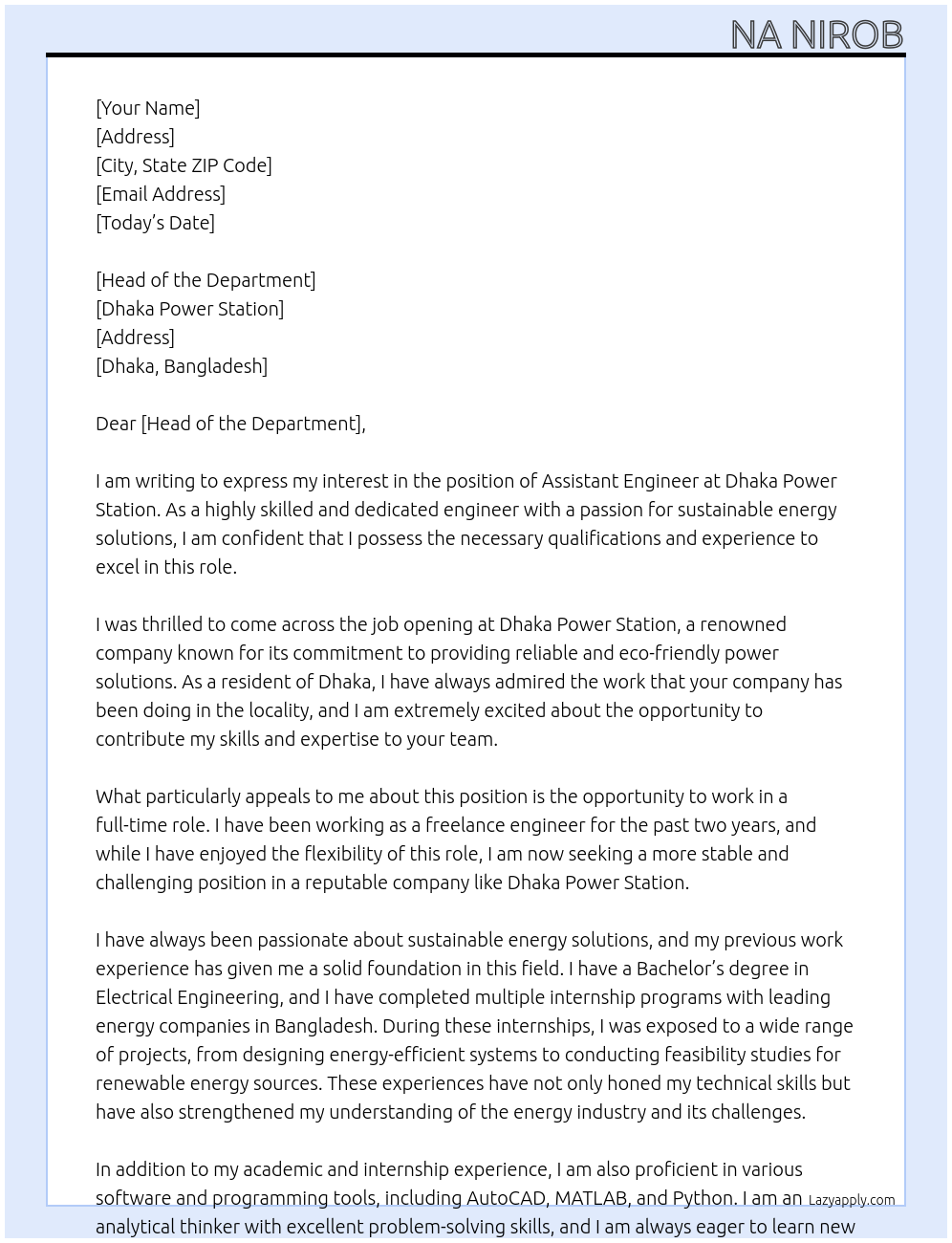 Assistant Engineer At Dhaka Power Station Cover Letter