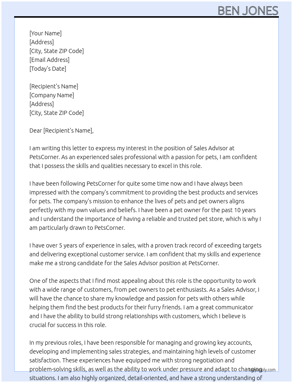 Sales Advisor At PetsCorner Cover Letter