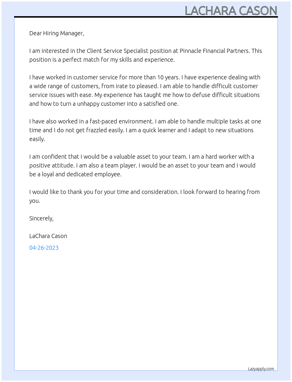 Client Service Specialist  At Pinnacle Financial Parnters  Cover Letter