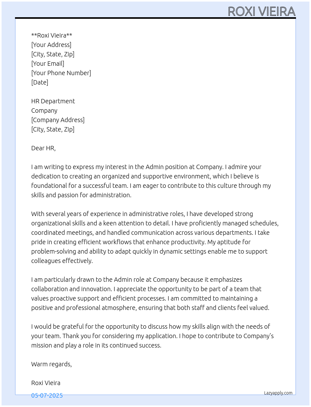 Admin At Company Cover Letter