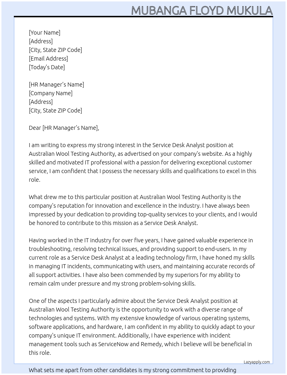 Service Desk Analyst At Australian Wool Testing Authority Cover Letter