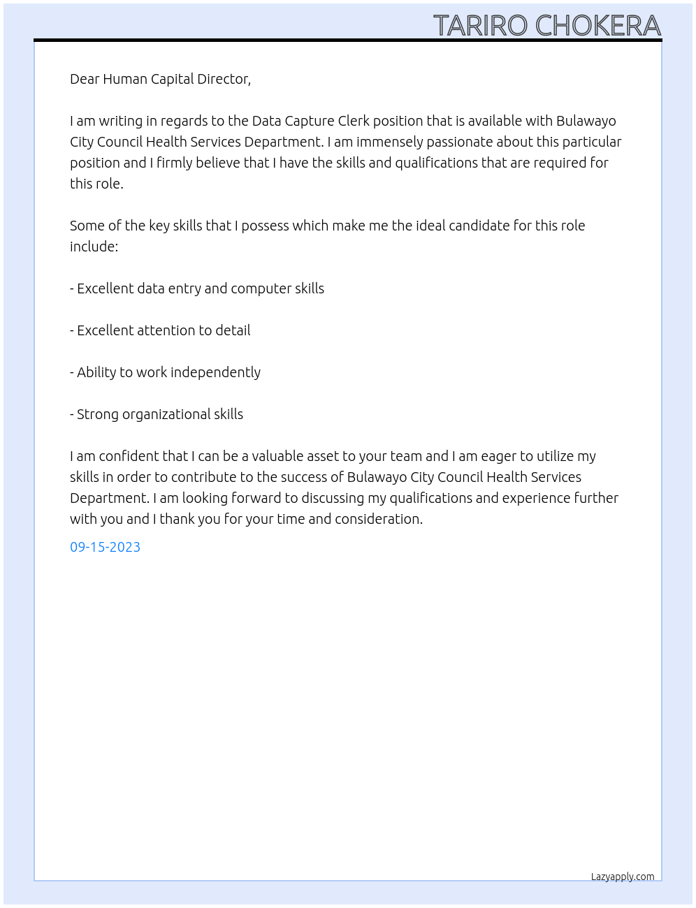 Data  capture clerk At Bulawayo city council health services department  Cover Letter