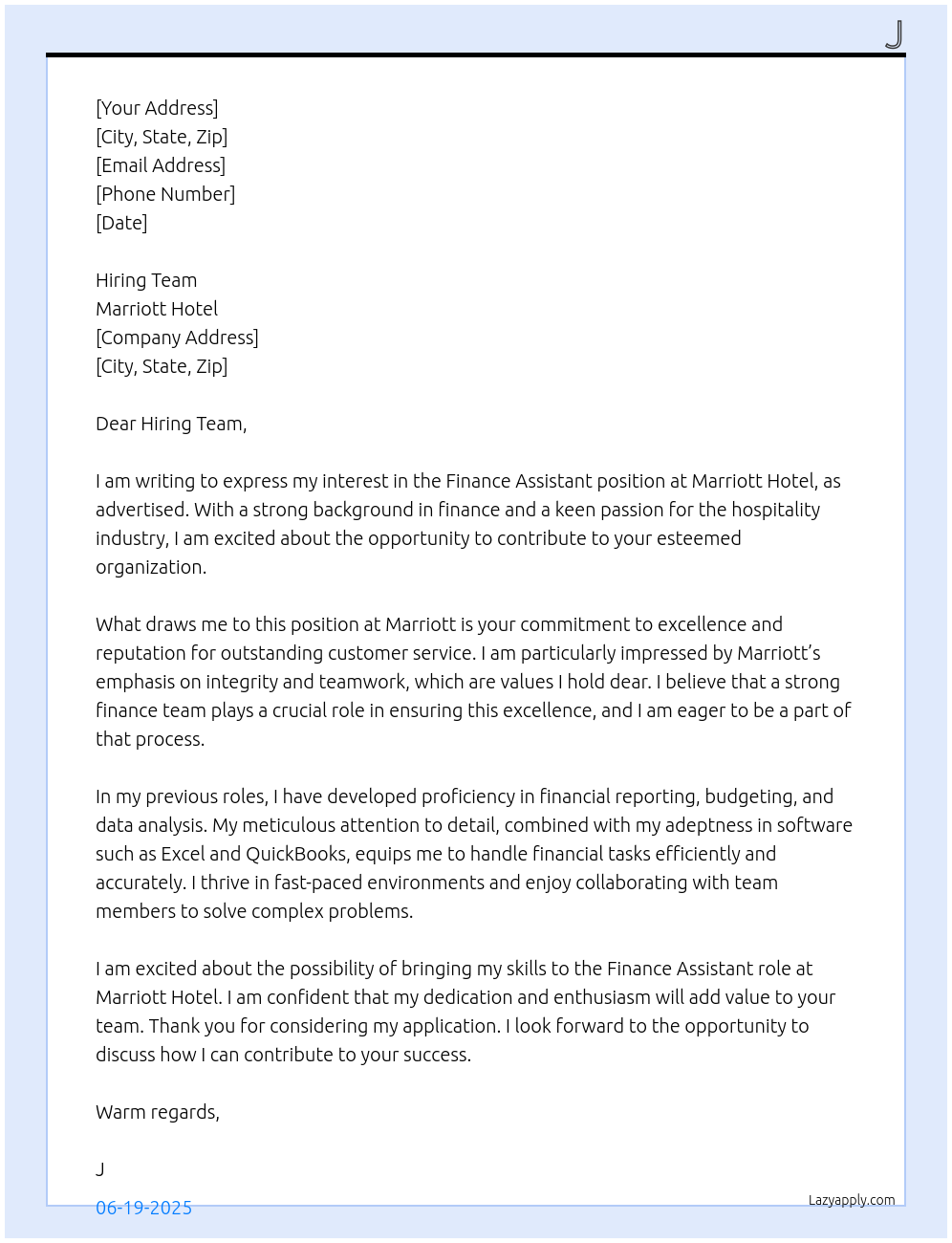 Finance Assistant At Marriott Hotel Cover Letter