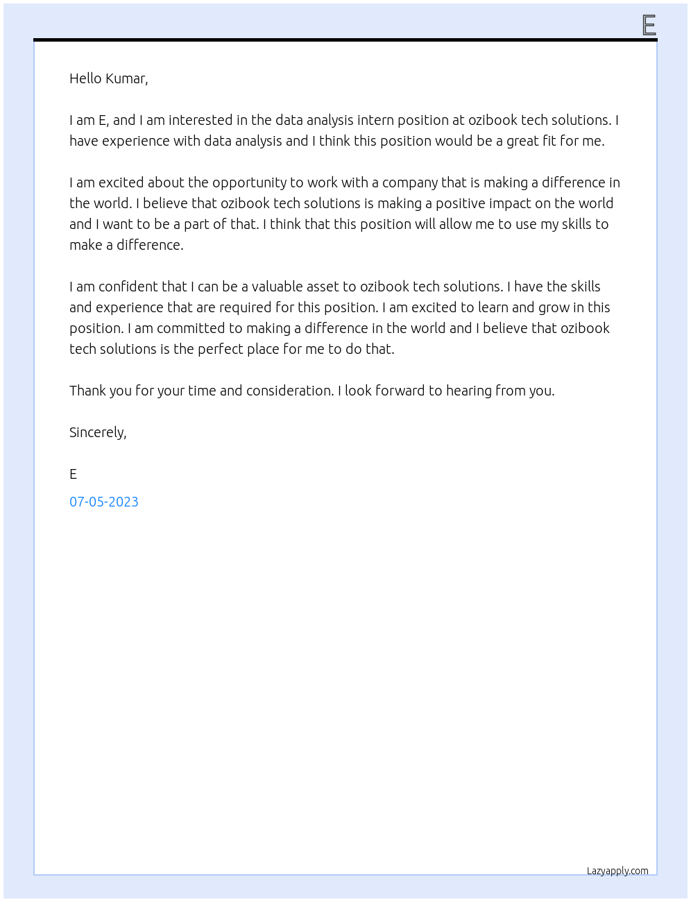 Data analysis intern At ozibook tech solutions  Cover Letter