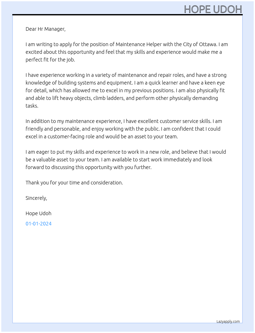 Maintenance Helper At City of Ottawa Cover Letter