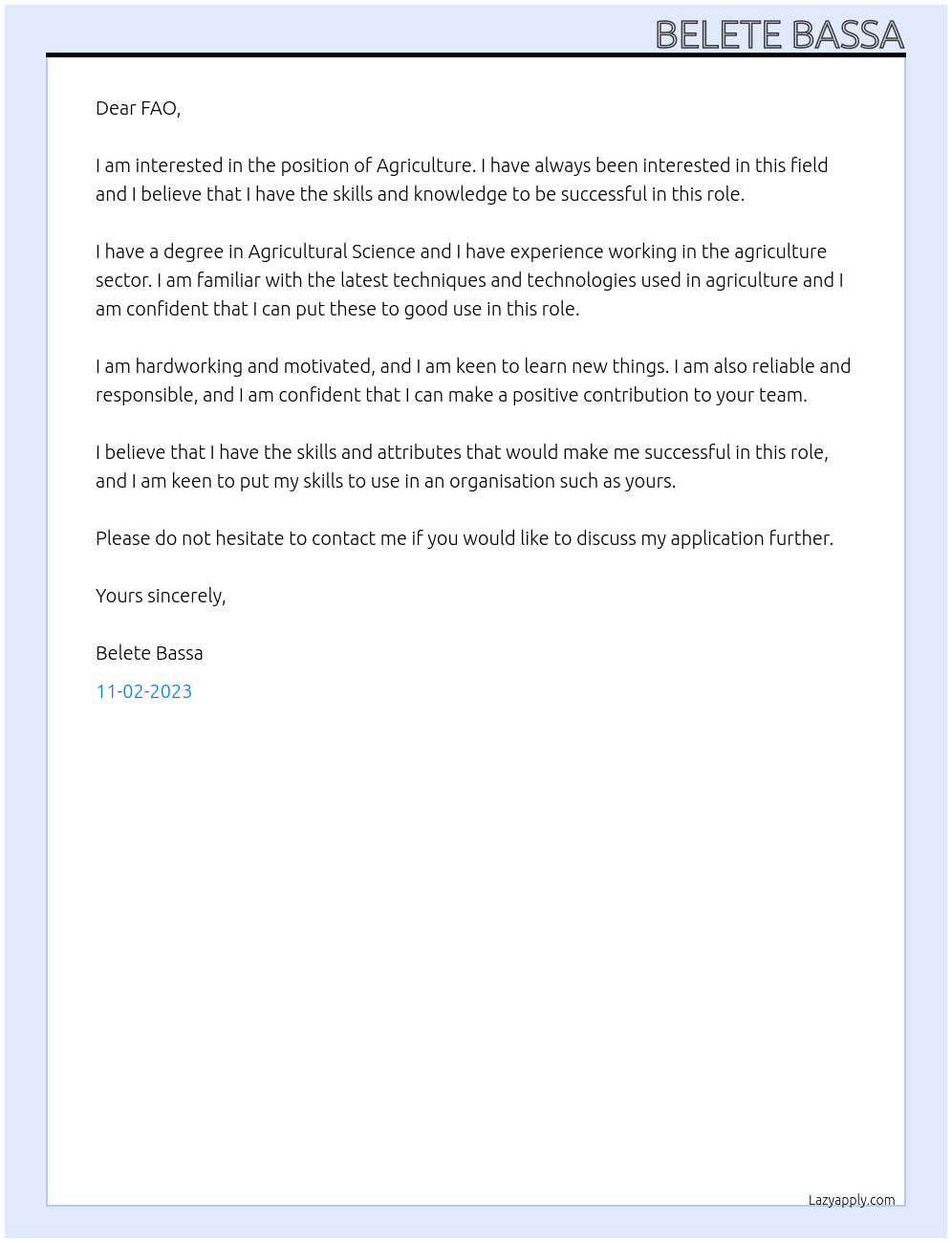 Agriculture At FAO Cover Letter