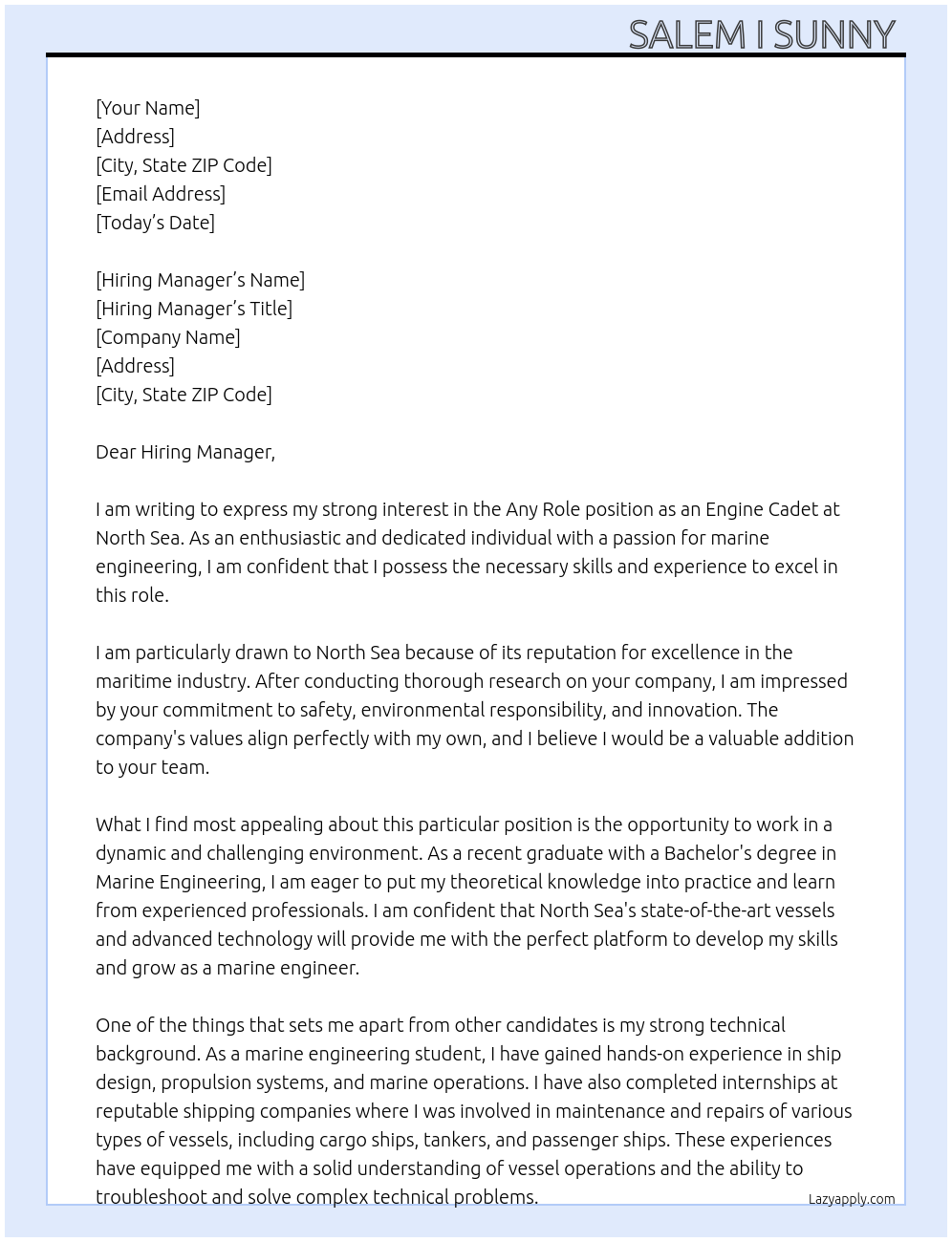 Engine cadet  At North sea  Cover Letter