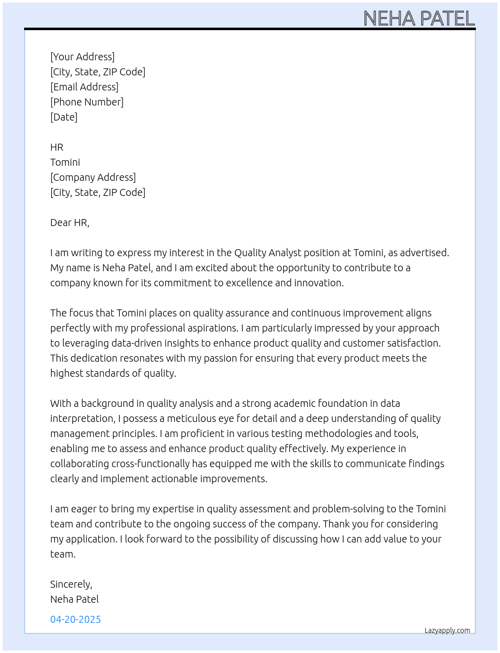 Quality Analyst At Tomini Cover Letter